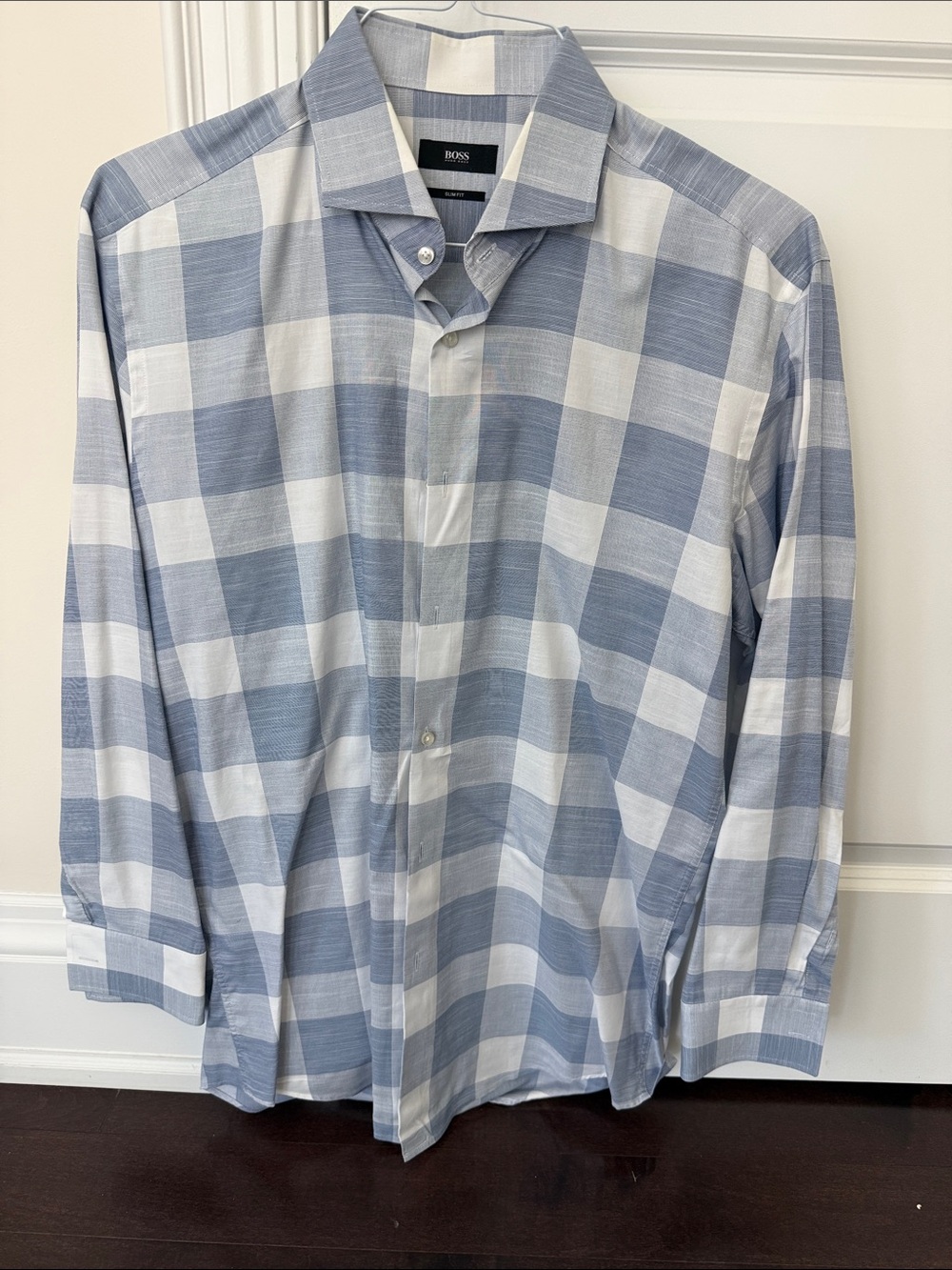 BOSS Cotton Men's Blue and White Large Check Dress Shirt